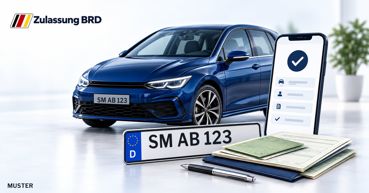 Online Fahrzeugzulassung in Zella-Mehlis: Musterkennzeichen SM AB 123, Auto und Fahrzeugpapiere und Smartphone. Illustration mit Logo von Zulassung BRD.